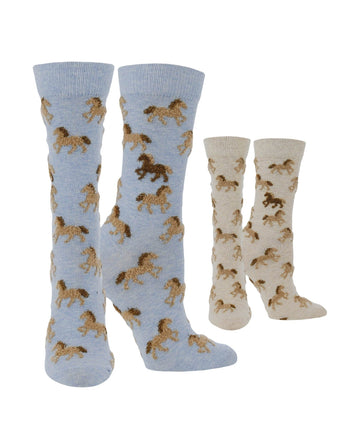 WHD socks Light Blue Heather/Oatmeal Heather / Medium WHD Cute Fuzzy Horse Socks for Women | Gift for Horse Lovers | 1-Pack/2-Pack