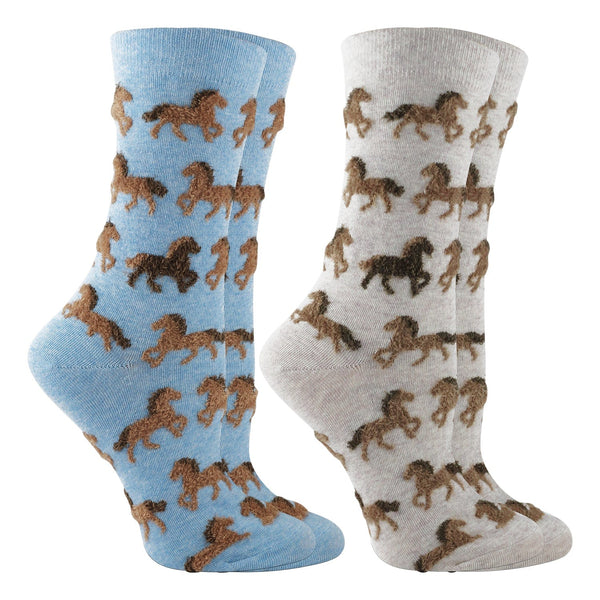 WHD socks Light Blue Heather/Oatmeal Heather / Medium WHD Cute Fuzzy Horse Socks for Women | Gift for Horse Lovers