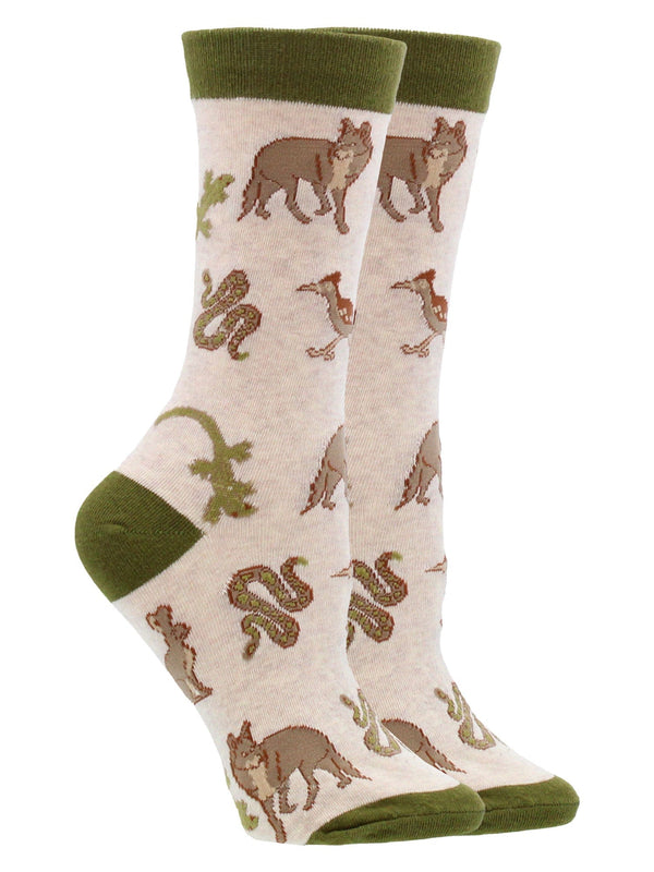 WHD socks Oatmeal / Medium Desert Animal Crew Socks for Women Coyote Gecko and Roadrunner Socks