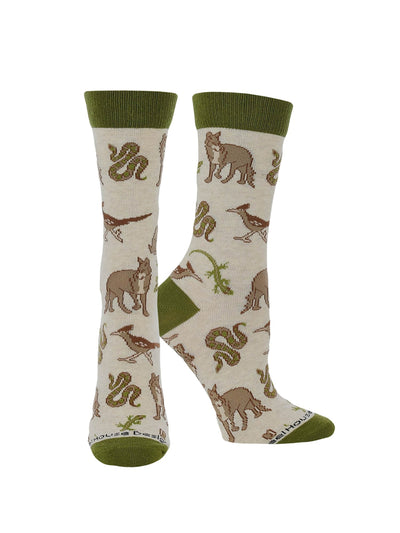 WHD socks Oatmeal / Medium Desert Animal Crew Socks for Women Coyote Gecko and Roadrunner Socks