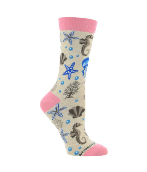 WHD socks Oatmeal / Medium Ocean Socks for Women with Jellyfish Seahorses Starfish