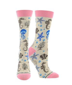 WHD socks Oatmeal / Medium Ocean Socks for Women with Jellyfish Seahorses Starfish