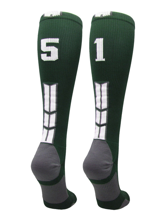 MadSportsStuff socks #51 / Large Player Id Jersey Number Socks Over the Calf Length Dark Green White
