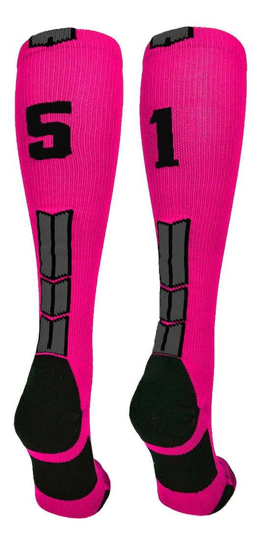 MadSportsStuff socks #51 / Large Player Id Jersey Number Socks Over the Calf Length Neon Pink Black