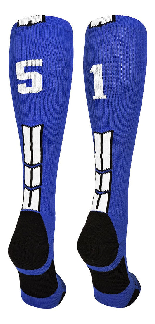 MadSportsStuff socks #51 / Large Player Id Jersey Number Socks Over the Calf Length Royal White