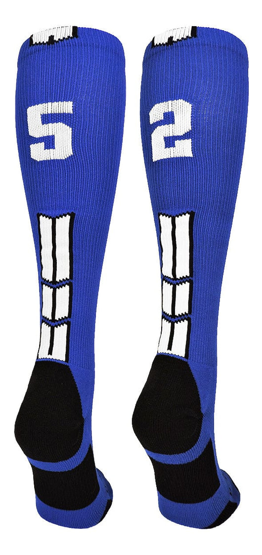 MadSportsStuff socks #52 / Small Player Id Jersey Number Socks Over the Calf Length Royal White