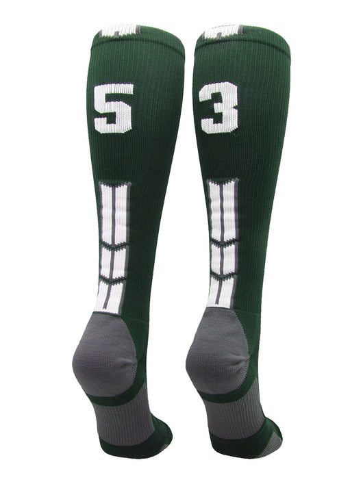 MadSportsStuff socks #53 / Large Player Id Jersey Number Socks Over the Calf Length Dark Green White