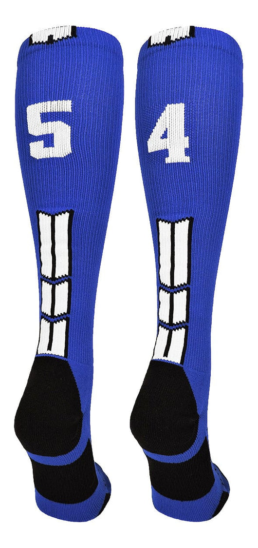 MadSportsStuff socks #54 / Small Player Id Jersey Number Socks Over the Calf Length Royal White