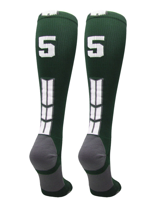 MadSportsStuff socks #55 / Large Player Id Jersey Number Socks Over the Calf Length Dark Green White