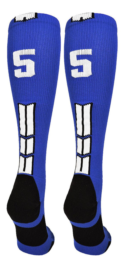 MadSportsStuff socks #55 / Small Player Id Jersey Number Socks Over the Calf Length Royal White