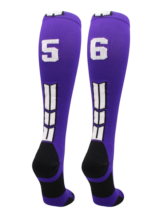 MadSportsStuff socks #56 / Medium Player Id Jersey Number Socks Over the Calf Length Purple White