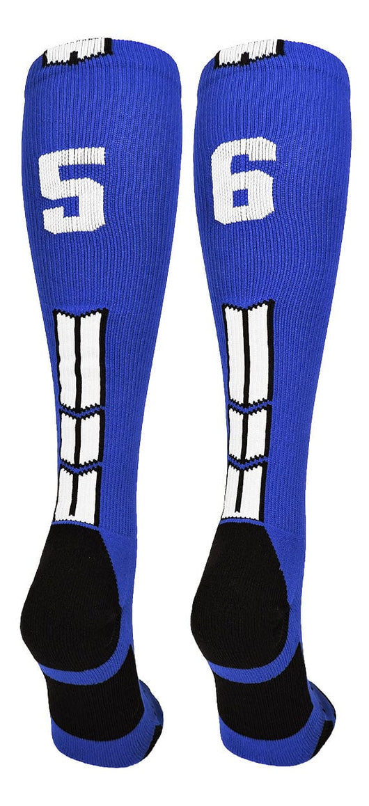 MadSportsStuff socks #56 / Small Player Id Jersey Number Socks Over the Calf Length Royal White