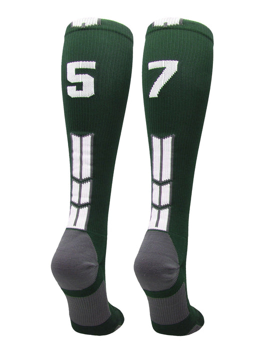 MadSportsStuff socks #57 / Large Player Id Jersey Number Socks Over the Calf Length Dark Green White