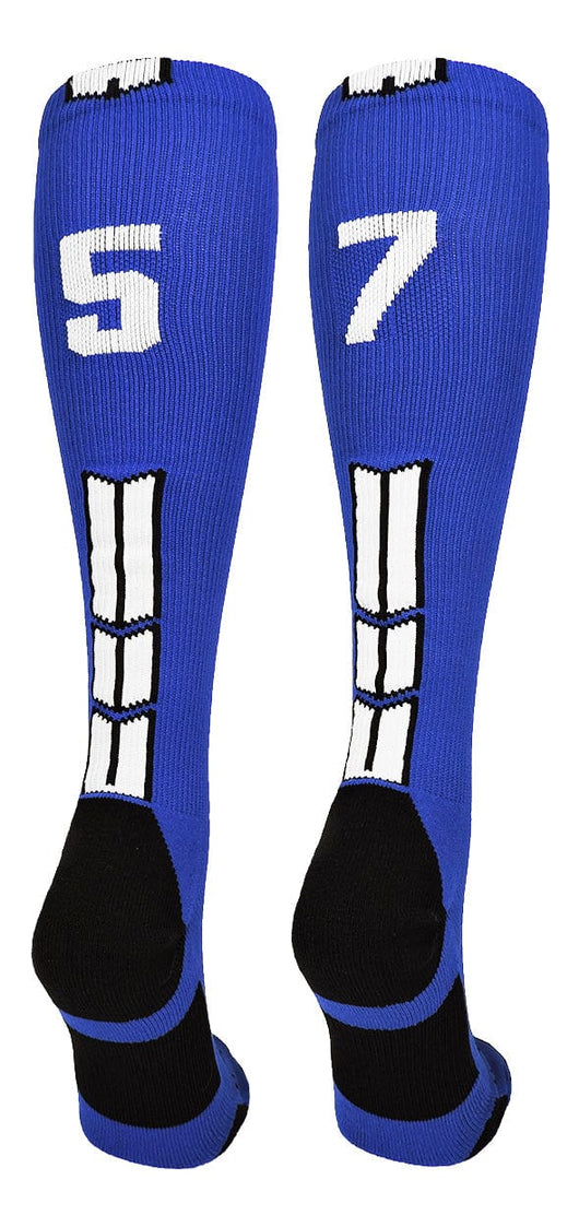 MadSportsStuff socks #57 / Small Player Id Jersey Number Socks Over the Calf Length Royal White