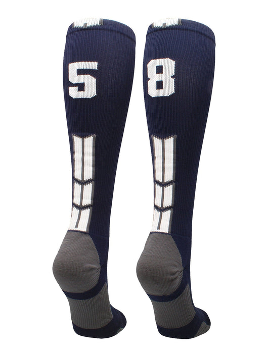 MadSportsStuff socks #58 / Large Player Id Jersey Number Socks Over the Calf Length Navy White