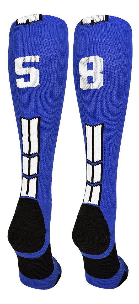 MadSportsStuff socks #58 / Small Player Id Jersey Number Socks Over the Calf Length Royal White