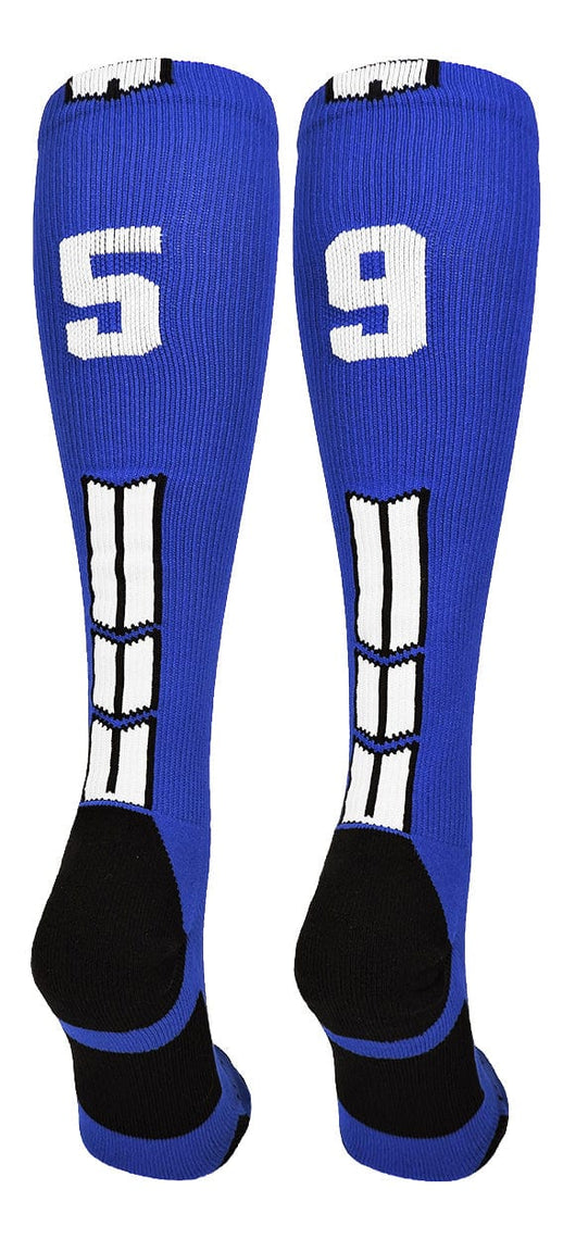 MadSportsStuff socks #59 / Small Player Id Jersey Number Socks Over the Calf Length Royal White