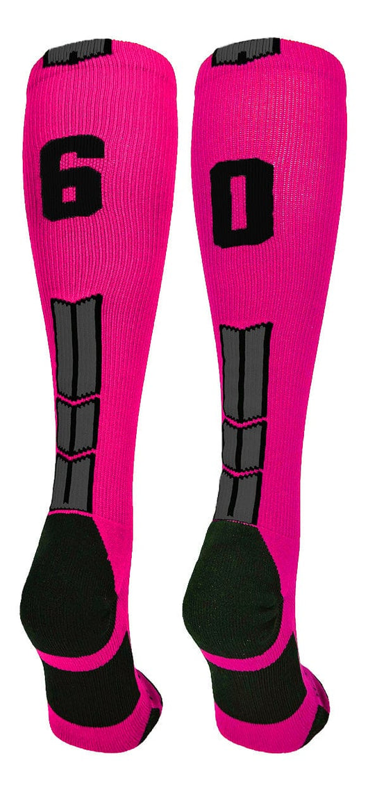 MadSportsStuff socks #60 / Large Player Id Jersey Number Socks Over the Calf Length Neon Pink Black