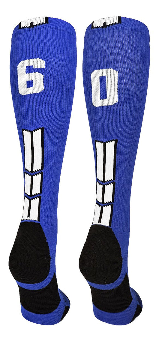 MadSportsStuff socks #60 / Small Player Id Jersey Number Socks Over the Calf Length Royal White