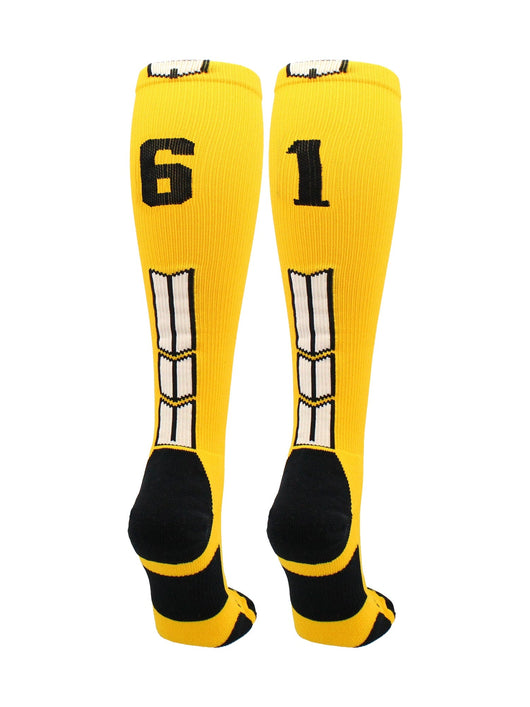 MadSportsStuff socks #61 / Large Player Id Jersey Number Socks Over the Calf Length Gold Black