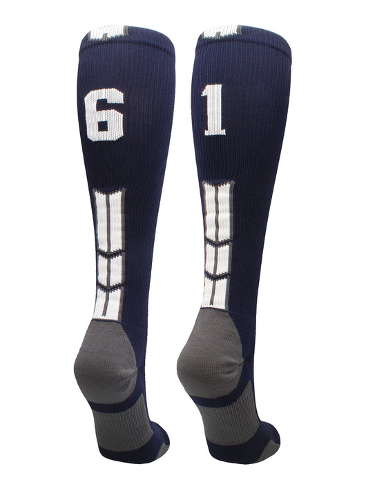 MadSportsStuff socks #61 / Large Player Id Jersey Number Socks Over the Calf Length Navy White