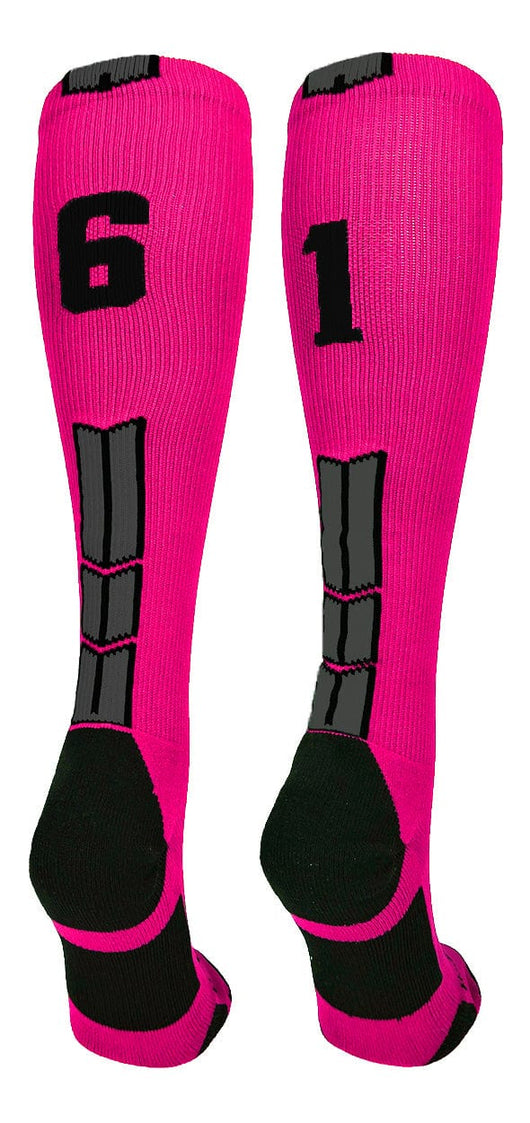 MadSportsStuff socks #61 / Large Player Id Jersey Number Socks Over the Calf Length Neon Pink Black
