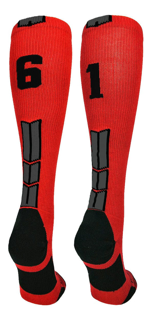 MadSportsStuff socks #61 / Large Player Id Jersey Number Socks Over the Calf Length Red Black