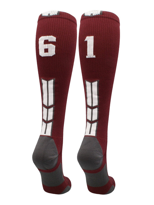 MadSportsStuff socks #61 / Medium Player Id Jersey Number Socks Over the Calf Length Maroon White