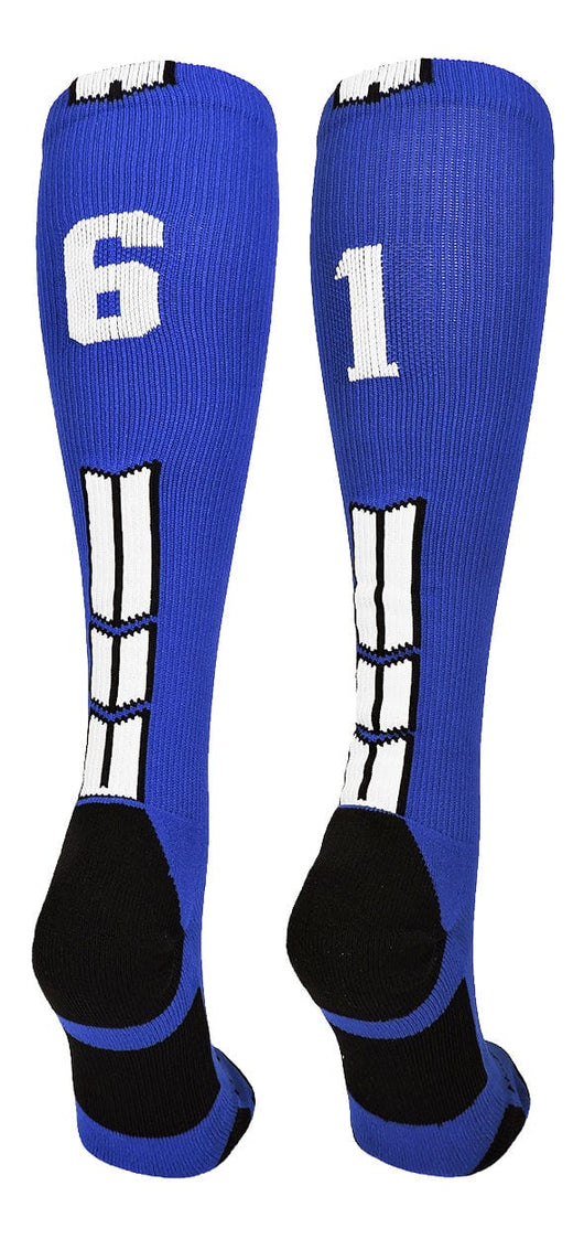 MadSportsStuff socks #61 / Small Player Id Jersey Number Socks Over the Calf Length Royal White