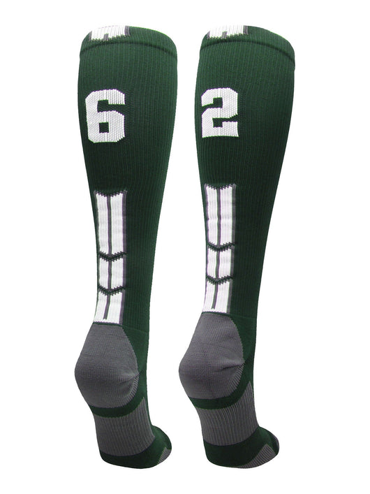 MadSportsStuff socks #62 / Large Player Id Jersey Number Socks Over the Calf Length Dark Green White