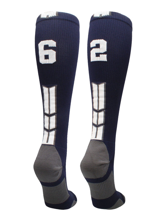 MadSportsStuff socks #62 / Large Player Id Jersey Number Socks Over the Calf Length Navy White