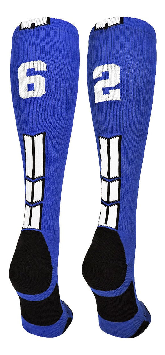 MadSportsStuff socks #62 / Small Player Id Jersey Number Socks Over the Calf Length Royal White