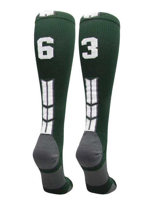 MadSportsStuff socks #63 / Large Player Id Jersey Number Socks Over the Calf Length Dark Green White