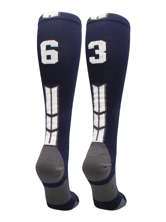 MadSportsStuff socks #63 / Large Player Id Jersey Number Socks Over the Calf Length Navy White