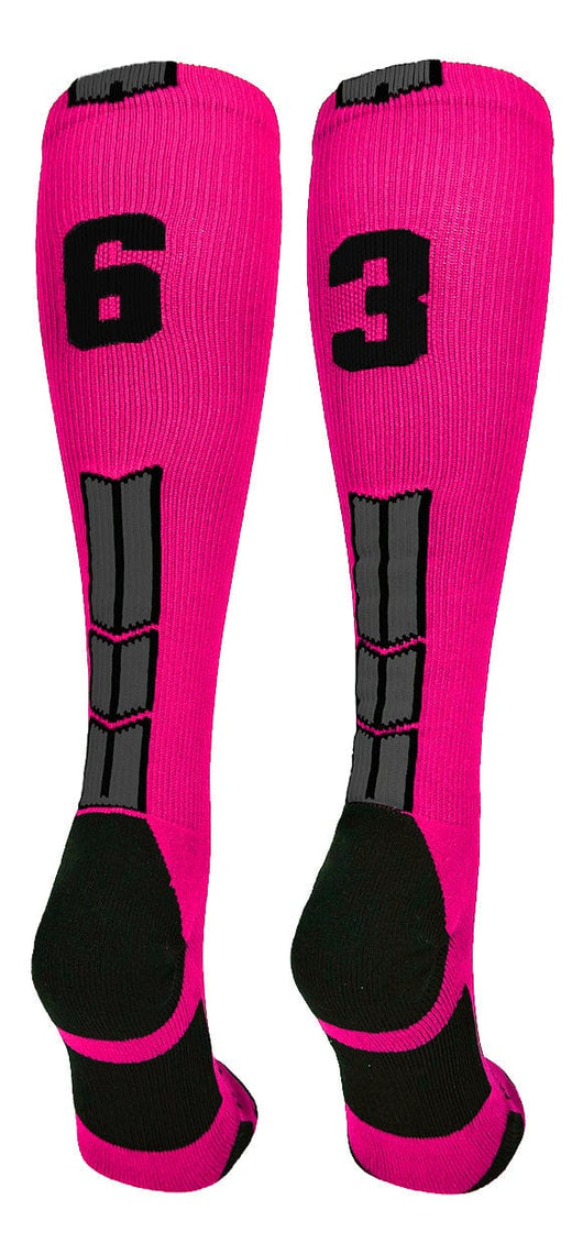 MadSportsStuff socks #63 / Large Player Id Jersey Number Socks Over the Calf Length Neon Pink Black