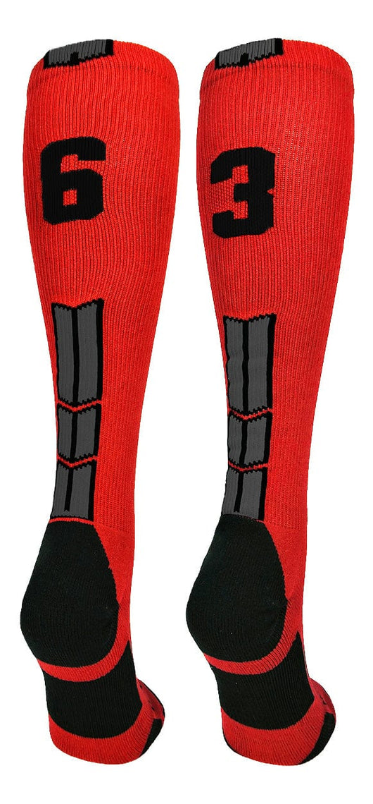 MadSportsStuff socks #63 / Large Player Id Jersey Number Socks Over the Calf Length Red Black
