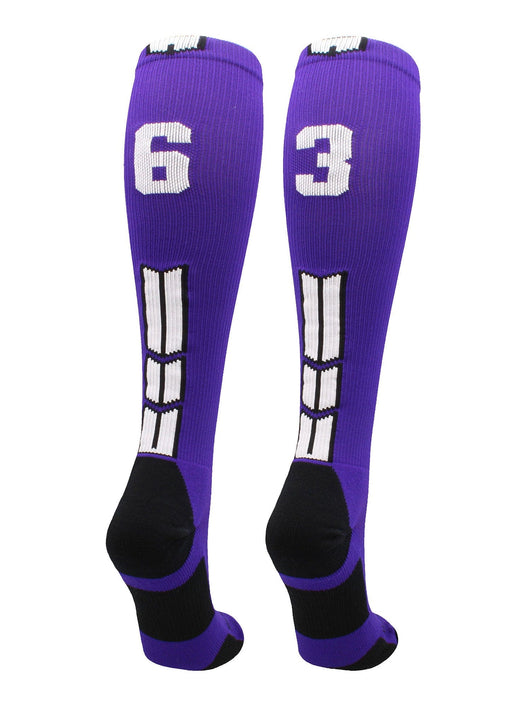 MadSportsStuff socks #63 / Medium Player Id Jersey Number Socks Over the Calf Length Purple White