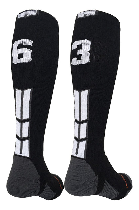 MadSportsStuff socks #63 / Small Player Id Jersey Number Socks Over the Calf Length Black White