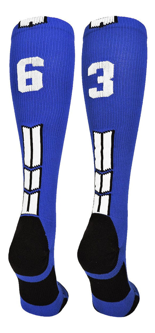 MadSportsStuff socks #63 / Small Player Id Jersey Number Socks Over the Calf Length Royal White