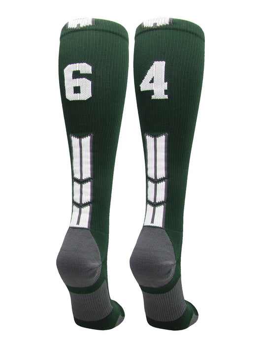 MadSportsStuff socks #64 / Large Player Id Jersey Number Socks Over the Calf Length Dark Green White