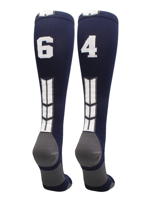 MadSportsStuff socks #64 / Large Player Id Jersey Number Socks Over the Calf Length Navy White