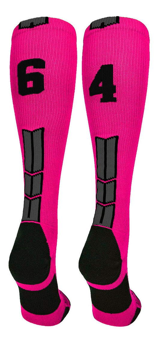 MadSportsStuff socks #64 / Large Player Id Jersey Number Socks Over the Calf Length Neon Pink Black
