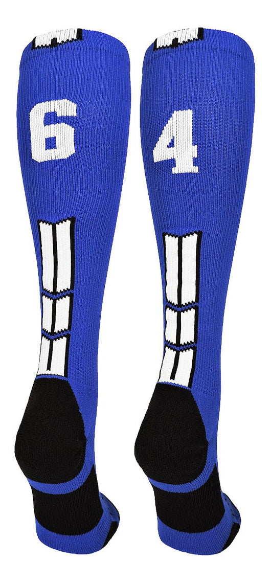MadSportsStuff socks #64 / Small Player Id Jersey Number Socks Over the Calf Length Royal White