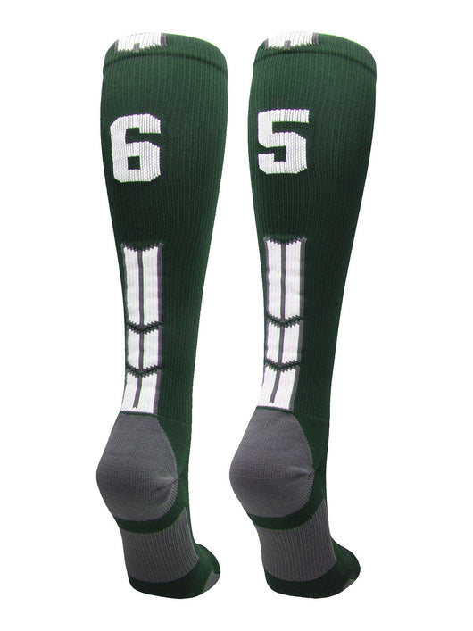 MadSportsStuff socks #65 / Large Player Id Jersey Number Socks Over the Calf Length Dark Green White