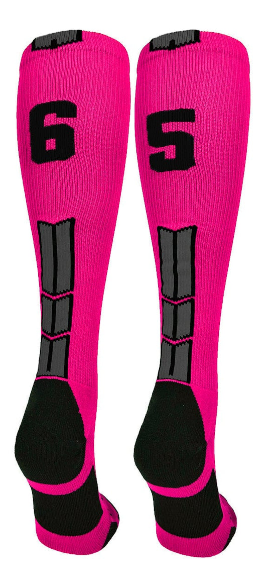 MadSportsStuff socks #65 / Large Player Id Jersey Number Socks Over the Calf Length Neon Pink Black