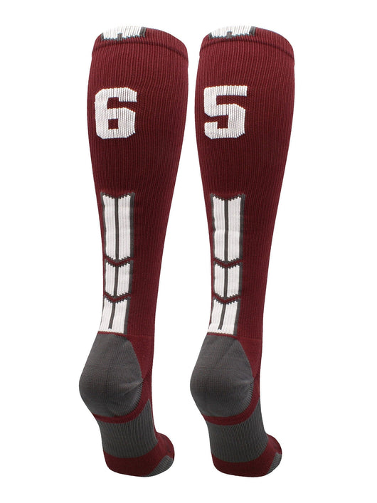 MadSportsStuff socks #65 / Medium Player Id Jersey Number Socks Over the Calf Length Maroon White