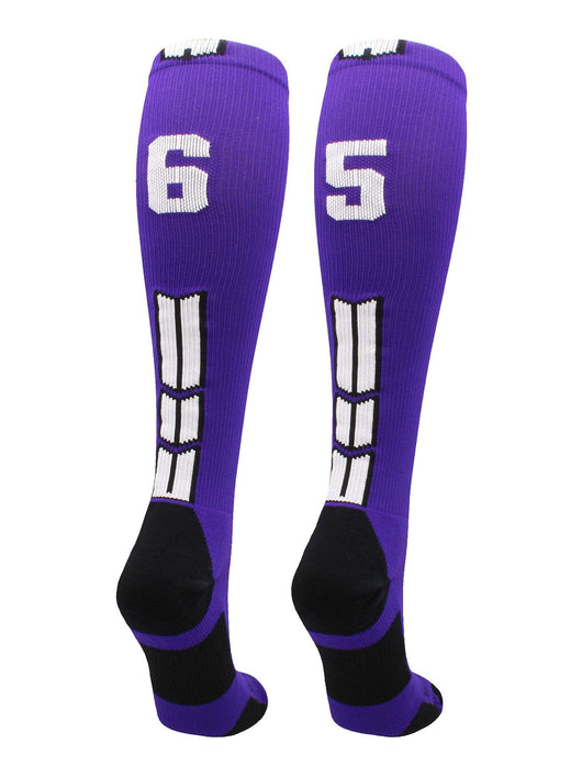 MadSportsStuff socks #65 / Medium Player Id Jersey Number Socks Over the Calf Length Purple White