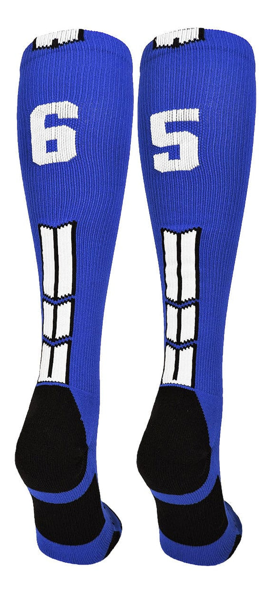 MadSportsStuff socks #65 / Small Player Id Jersey Number Socks Over the Calf Length Royal White