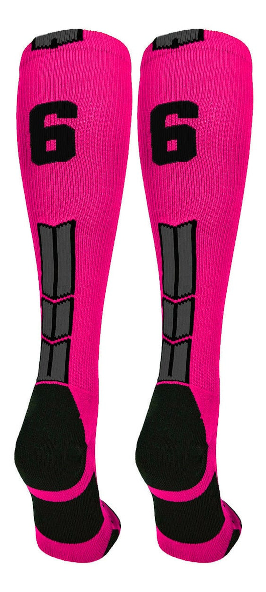 MadSportsStuff socks #66 / Large Player Id Jersey Number Socks Over the Calf Length Neon Pink Black