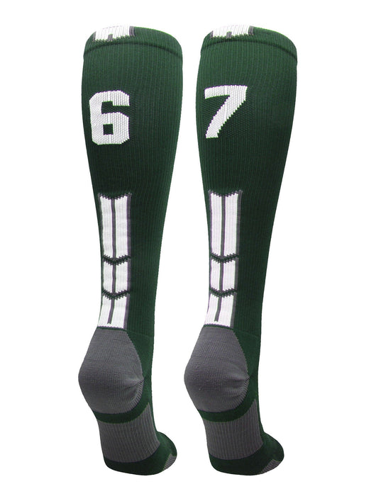 MadSportsStuff socks #67 / Large Player Id Jersey Number Socks Over the Calf Length Dark Green White